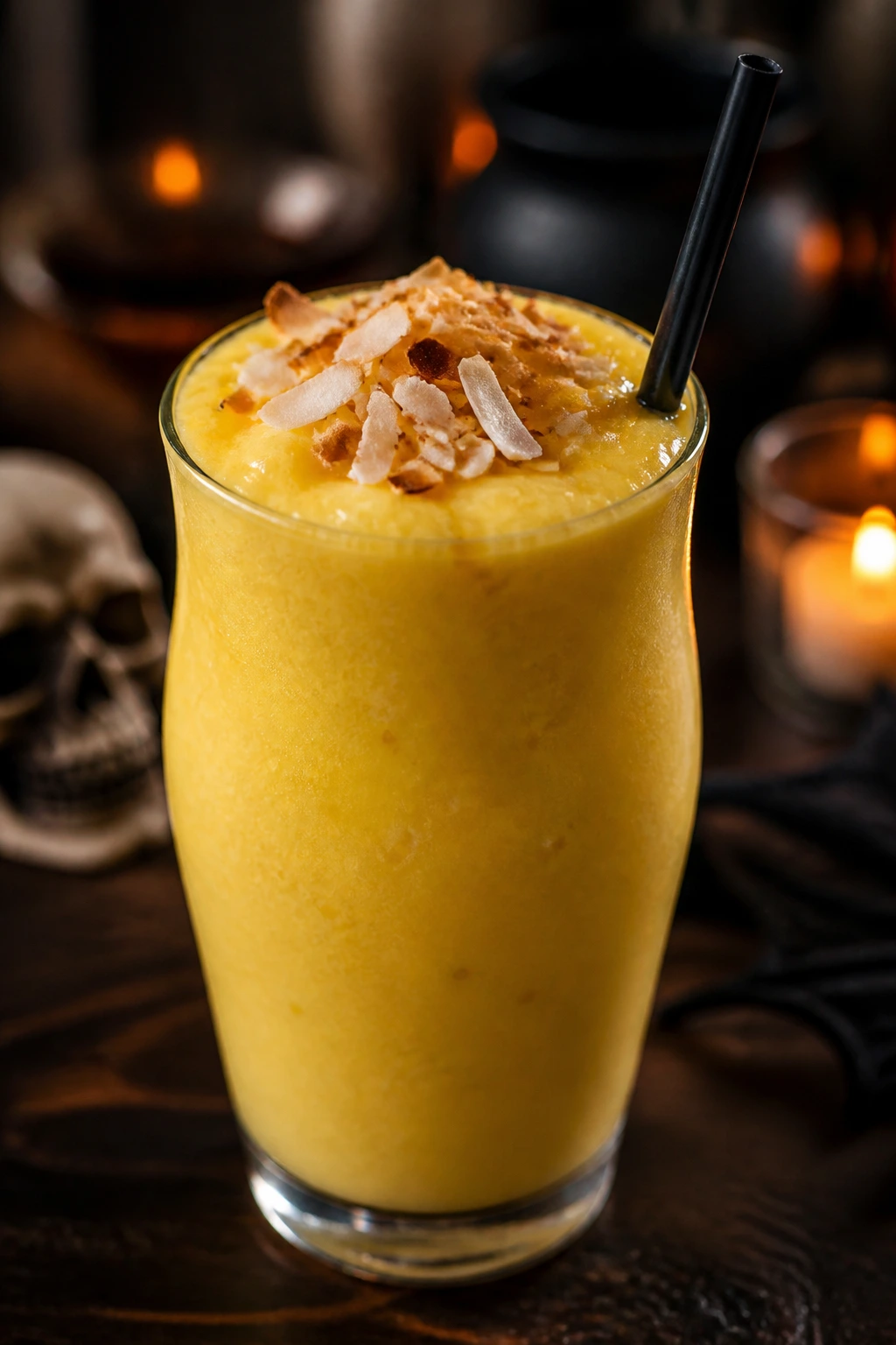 Close-up of a Pineapple Coconut Cauldron Smoothie in a dark glass with toasted coconut on a moody Halloween counter