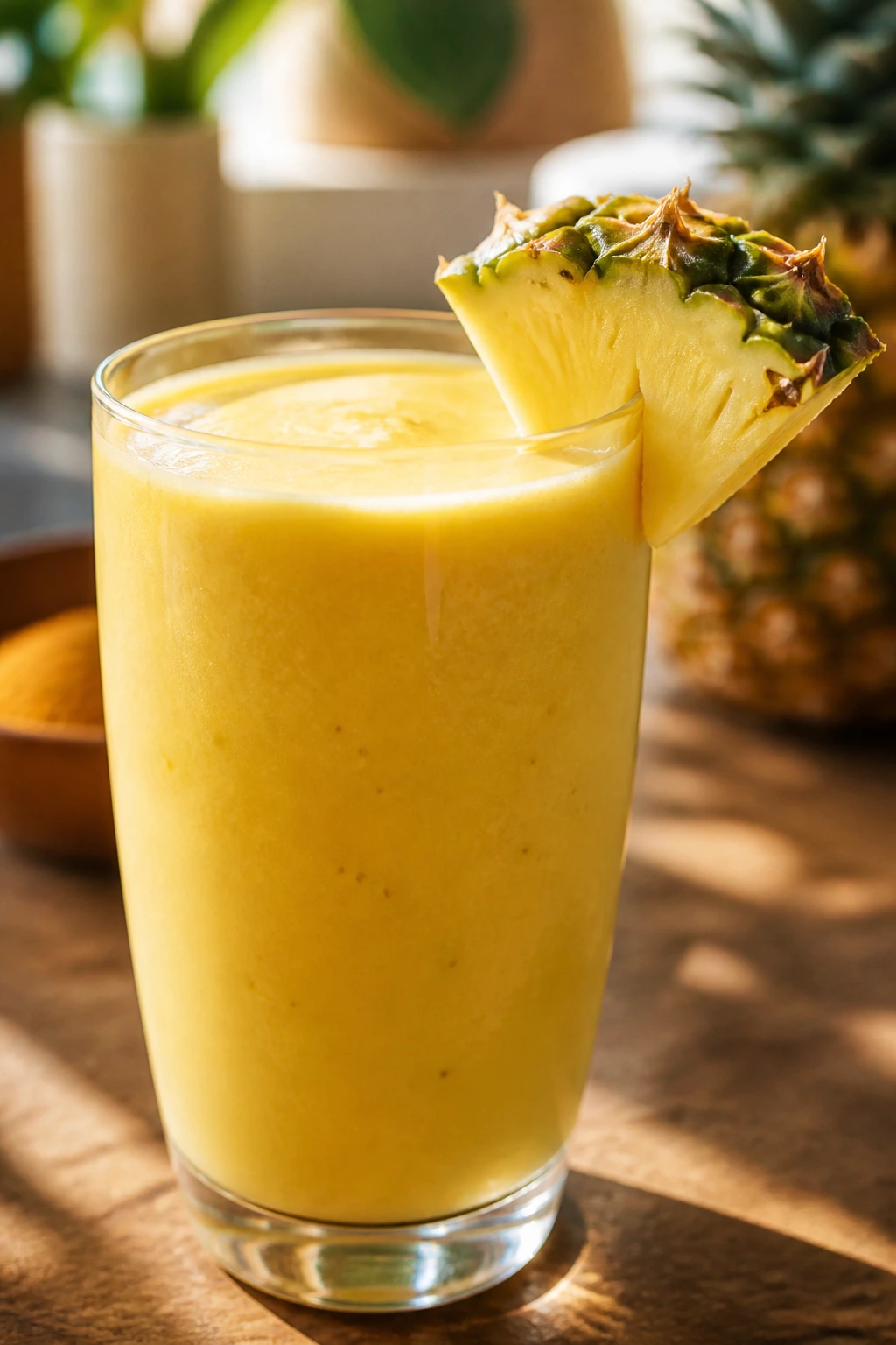 Close-up of a pineapple turmeric coconut smoothie in a glass with a pineapple wedge on a sunny kitchen counter.