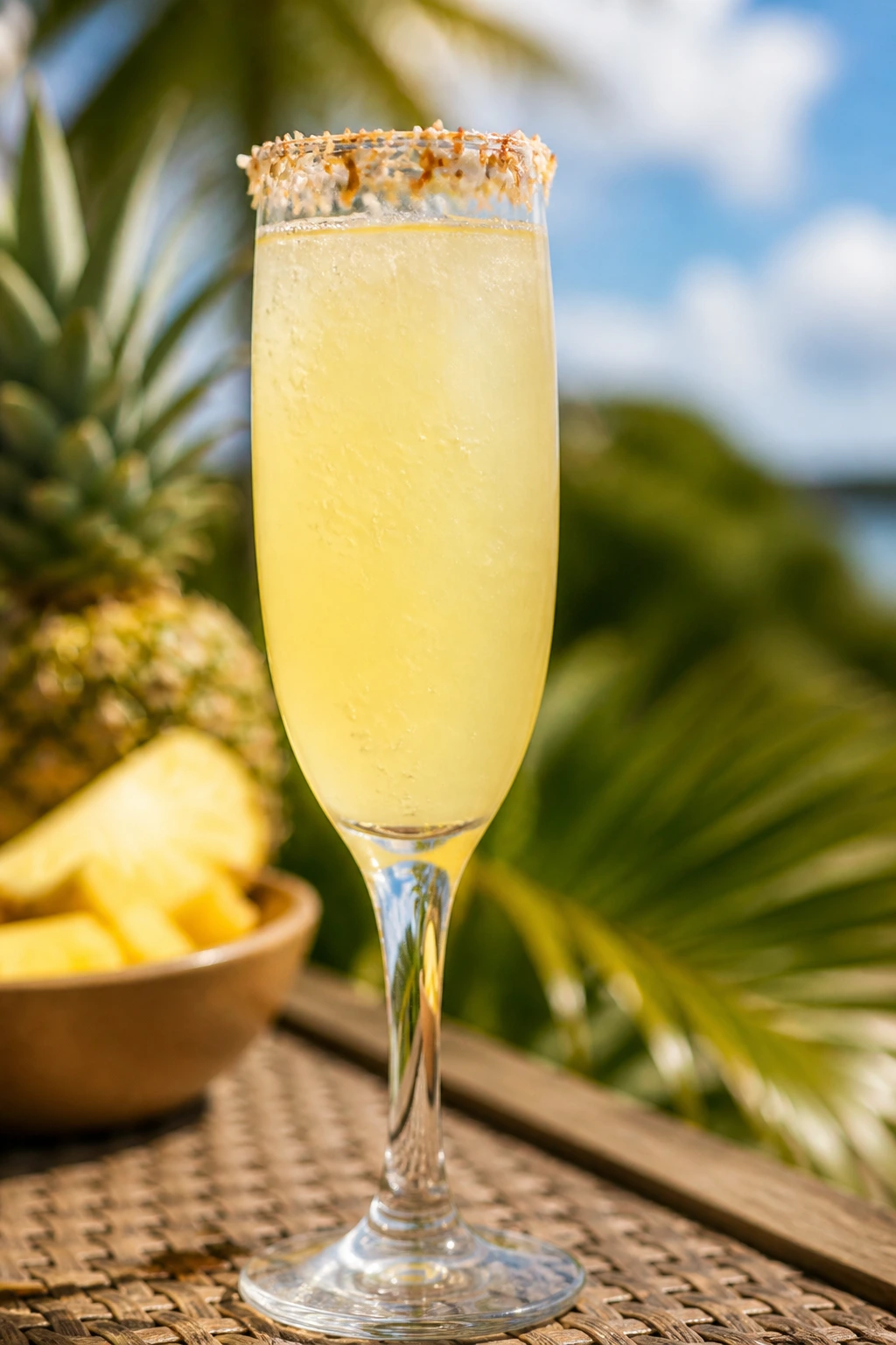 Medium-close flute of Pineapple Coconut Sparkler with toasted coconut rim on a sunny brunch setting