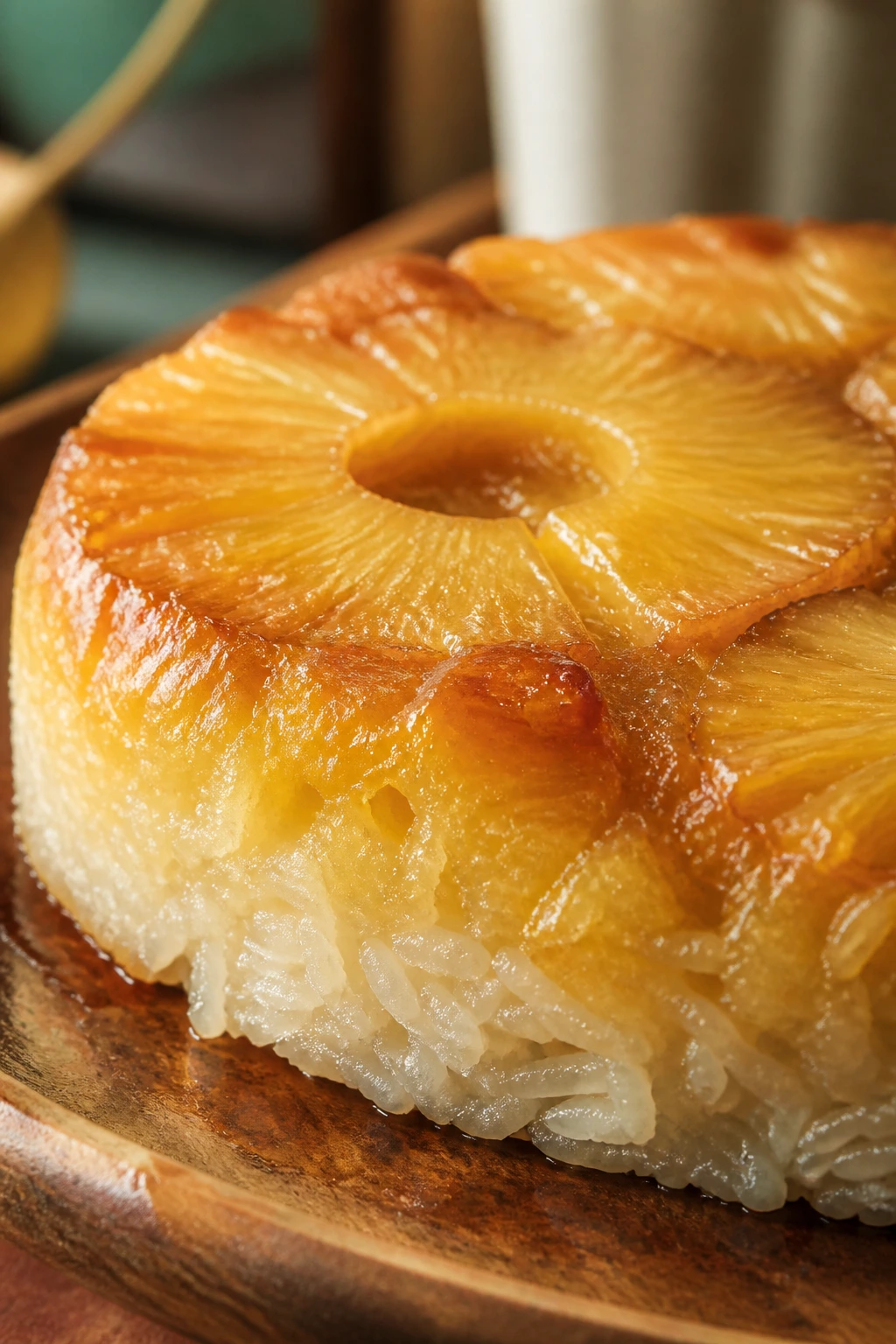 Close-up of a glossy pineapple-ring-topped sticky rice cake slice with caramel glaze