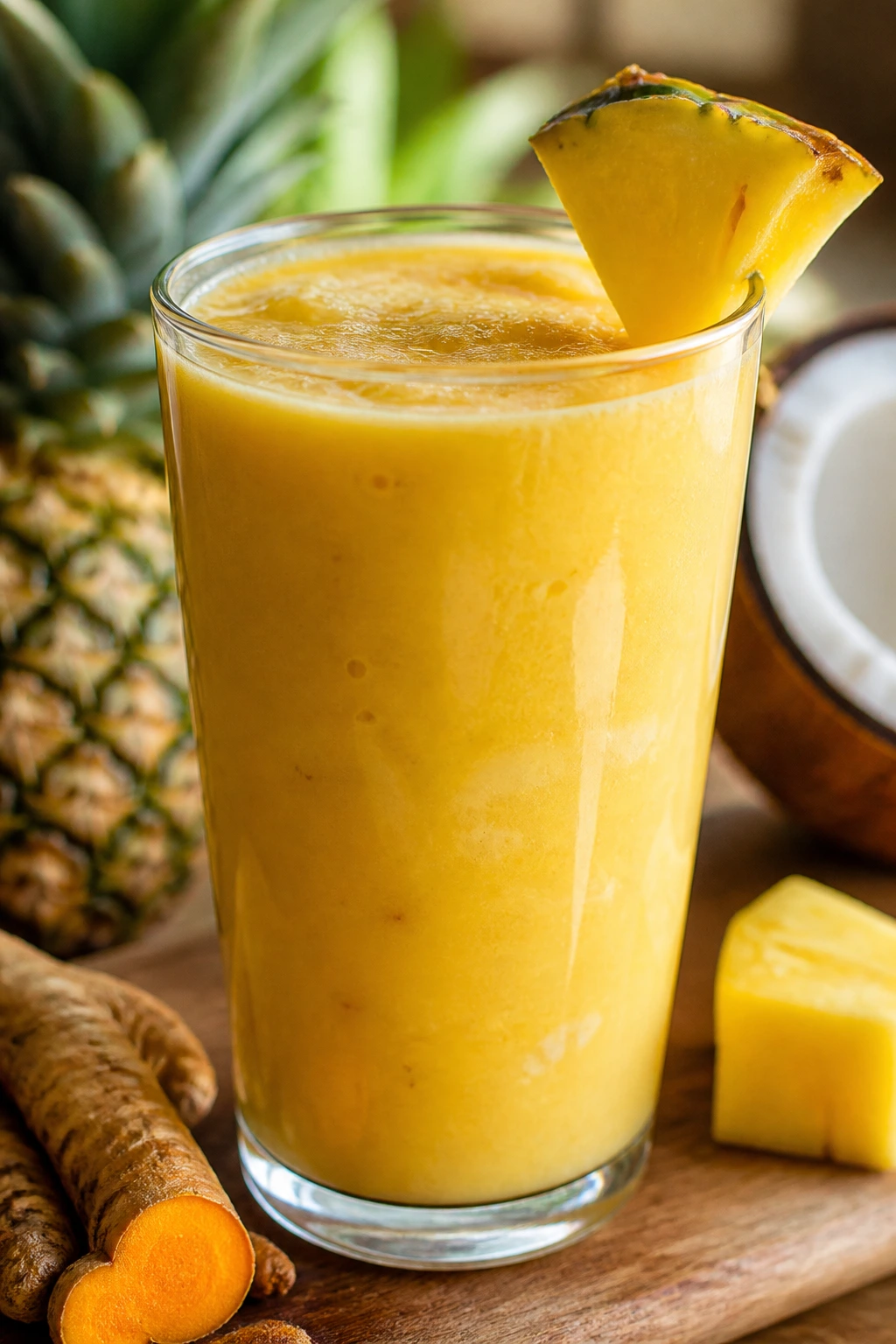Close-up of Pineapple Coconut Turmeric Smoothie in a glass on a sunlit counter