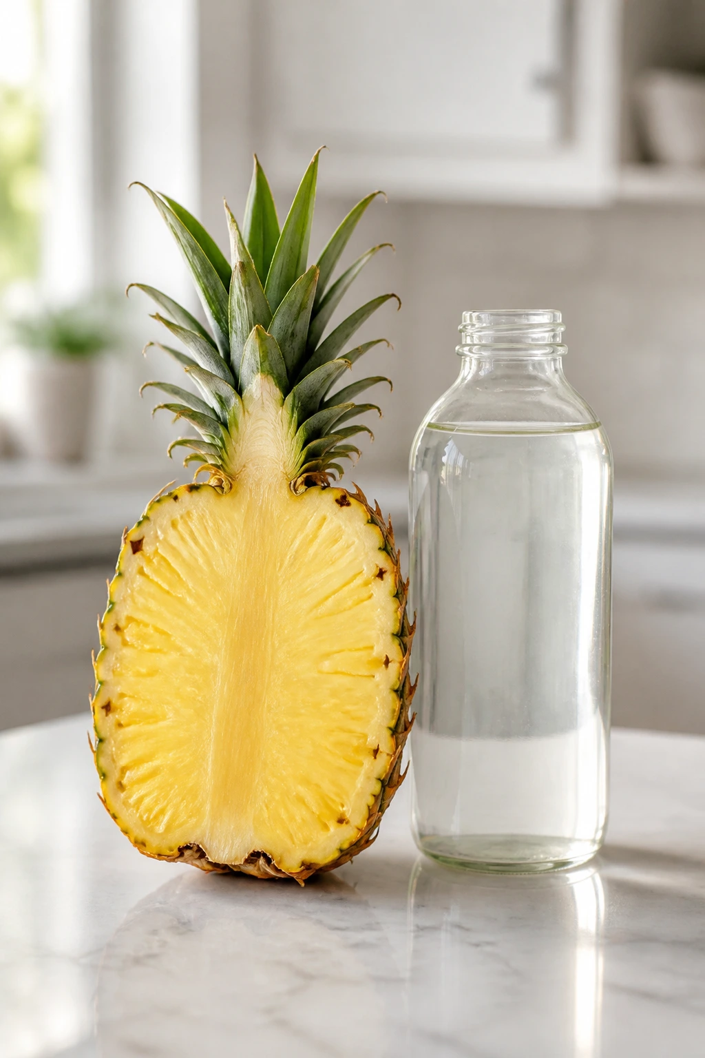 Pineapple half and coconut water on a kitchen counter for smart shopping
