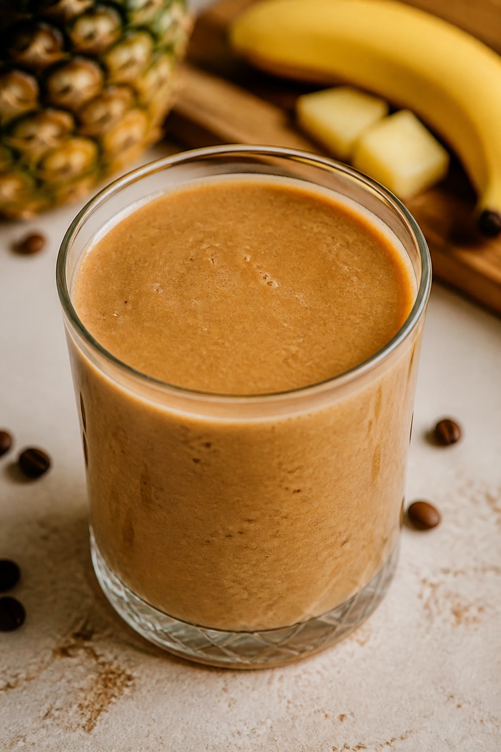 Pineapple Coffee Banana smoothie in glass with coffee color on a modern kitchen counter