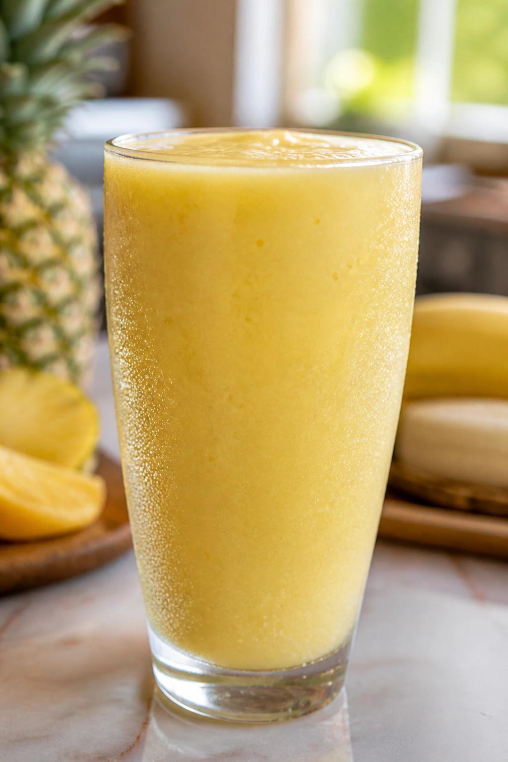 Tall glass of pale yellow Pineapple Banana Cooler smoothie on a kitchen counter