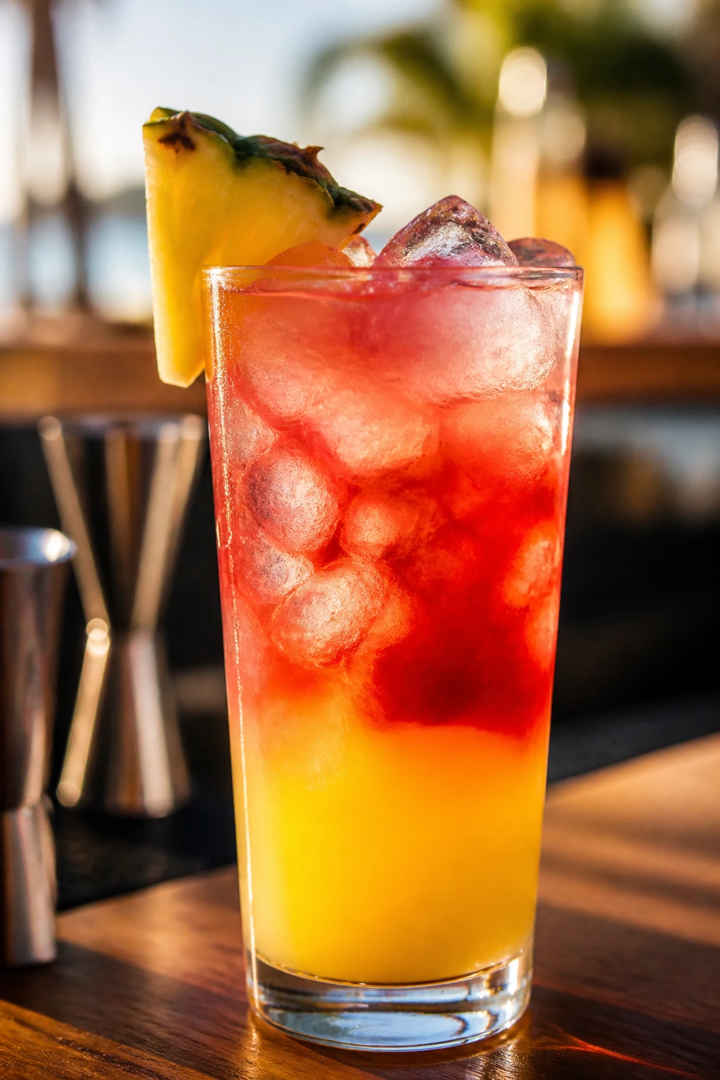 Layered Malibu Bay Breeze showing pineapple and cranberry components in a highball glass.