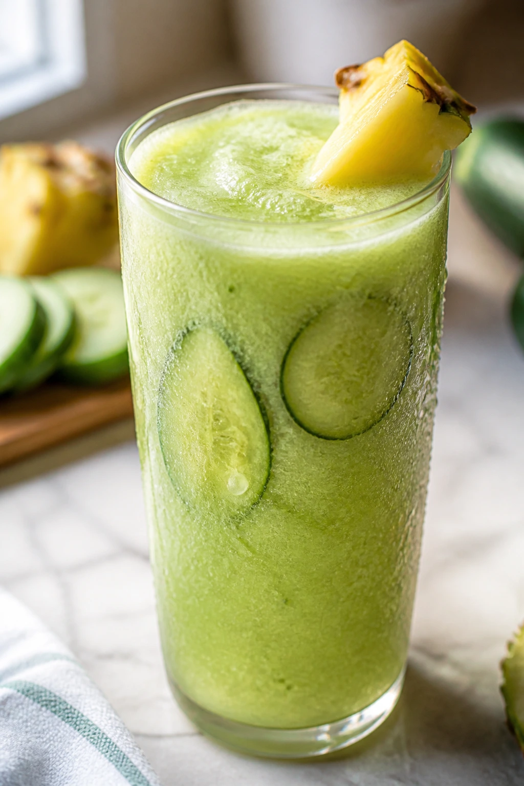 Pineapple Cucumber Cooler in a tall glass with cucumber visible, cold kitchen scene