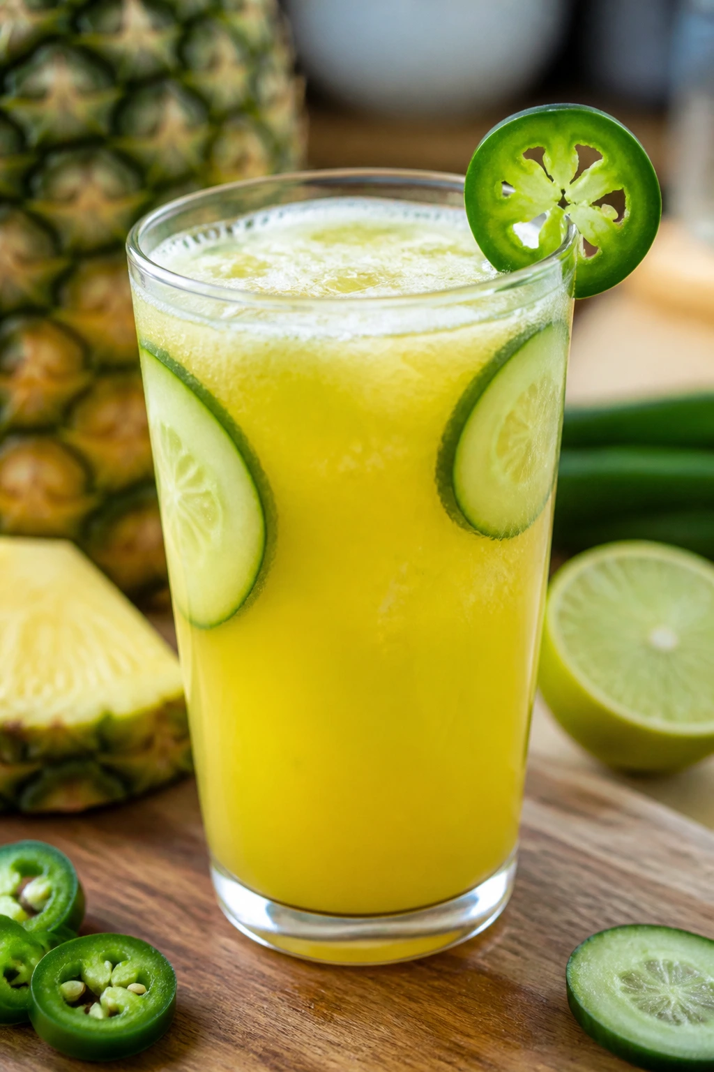 Glass of pineapple cucumber jalapeño juice on a kitchen counter