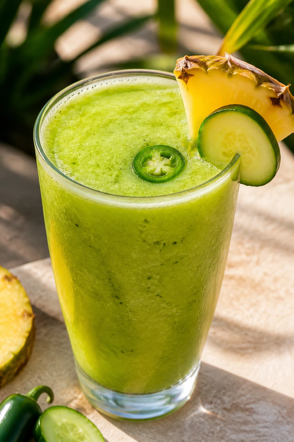 Close-up of pineapple cucumber jalapeño smoothie in glass on sunny patio