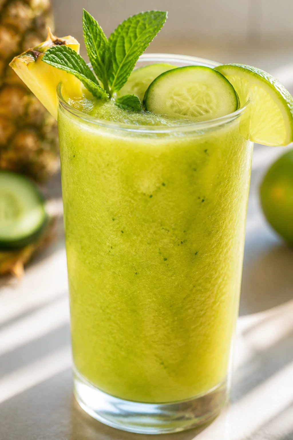 Close-up of a pineapple cucumber smoothie in a glass on a kitchen counter