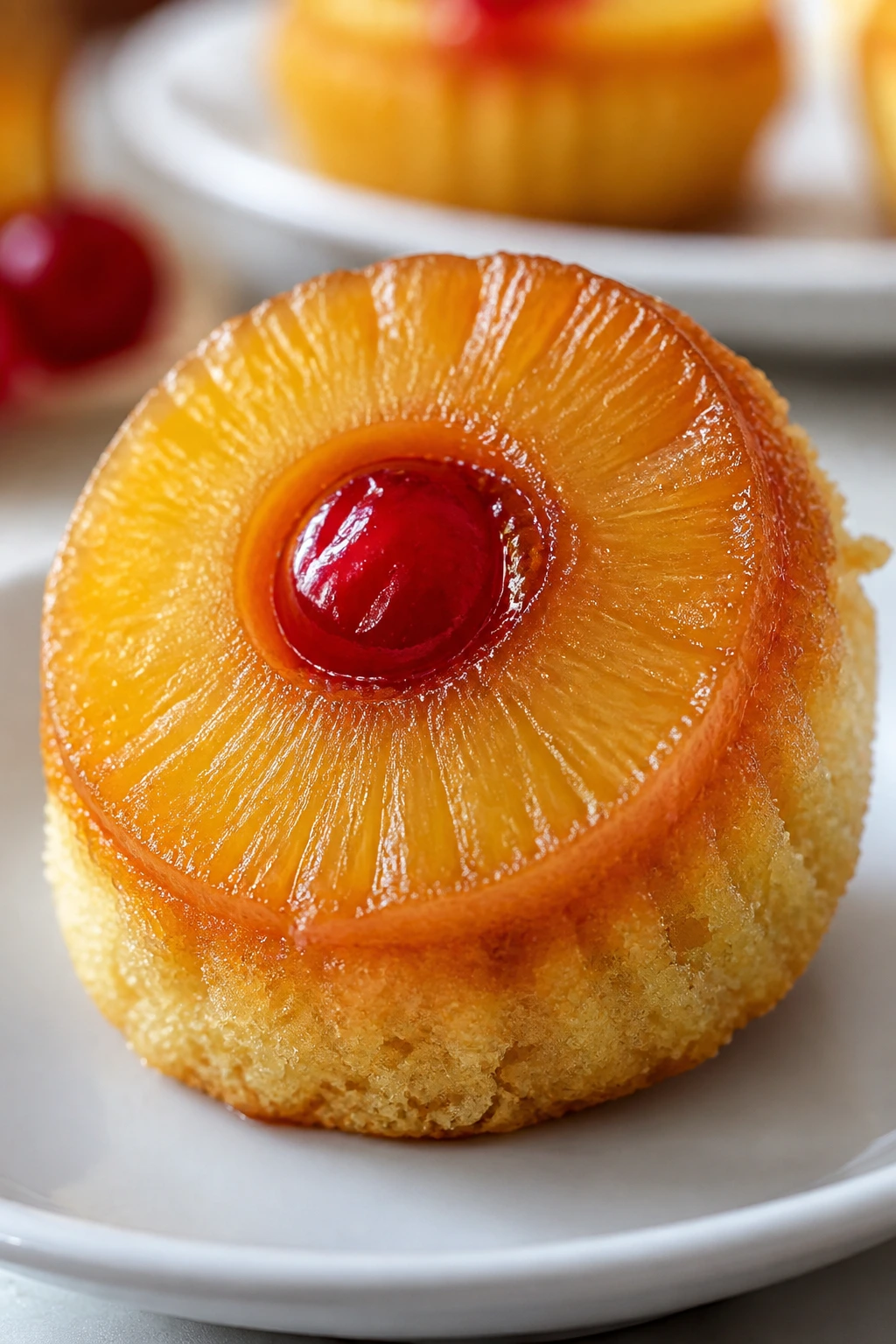 Close-up of pineapple upside-down cupcake with pineapple ring and cherry