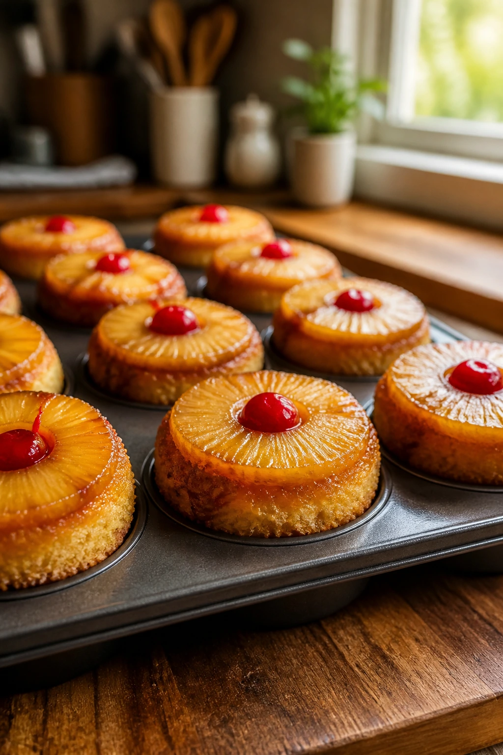 Close-up of pineapple upside-down cupcakes with caramel, pineapple rings, and cherries in a muffin tin