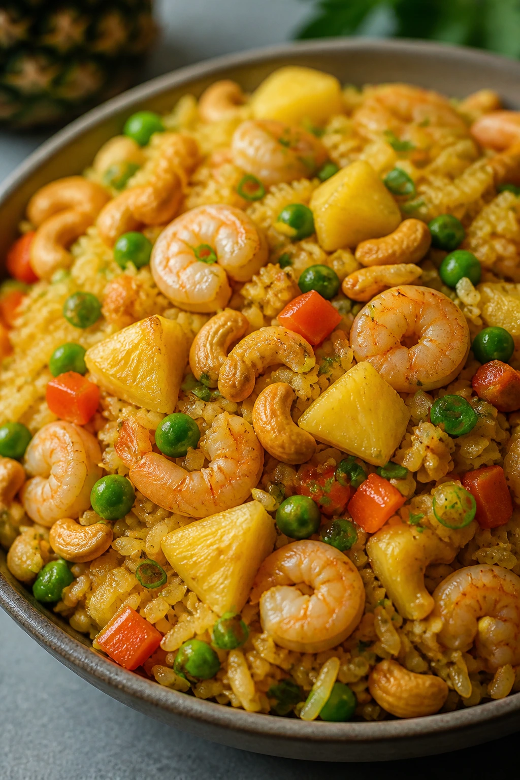 Bright pineapple fried rice with pineapple chunks and cashews in a bowl.