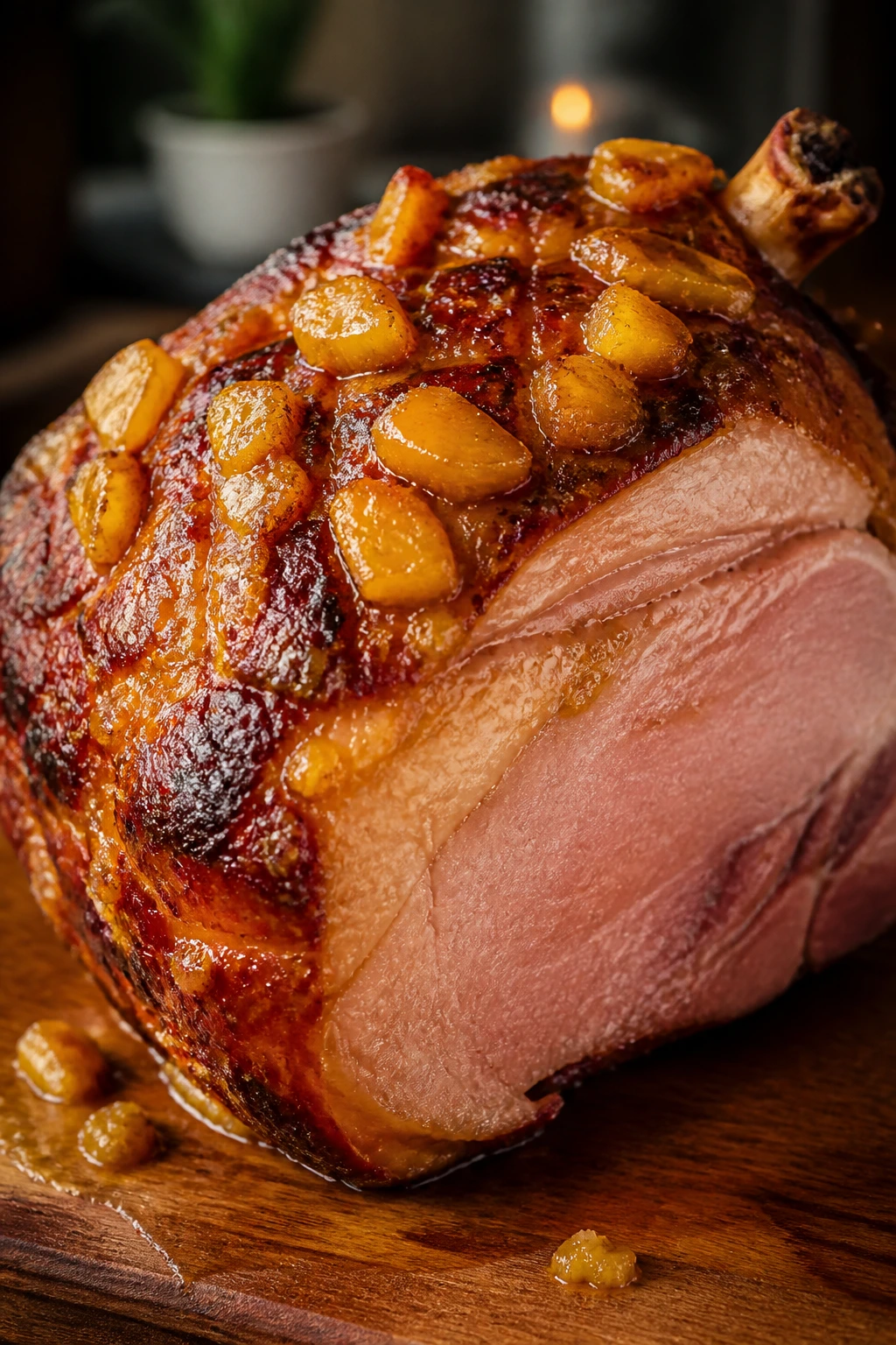 Bone-in ham with pineapple ginger glaze on a warm kitchen counter