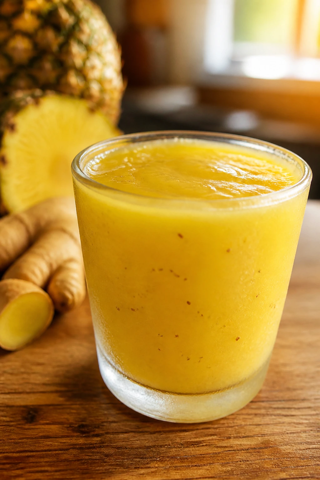 Pineapple Ginger Zing smoothie in glass with ginger flecks, warm kitchen lighting