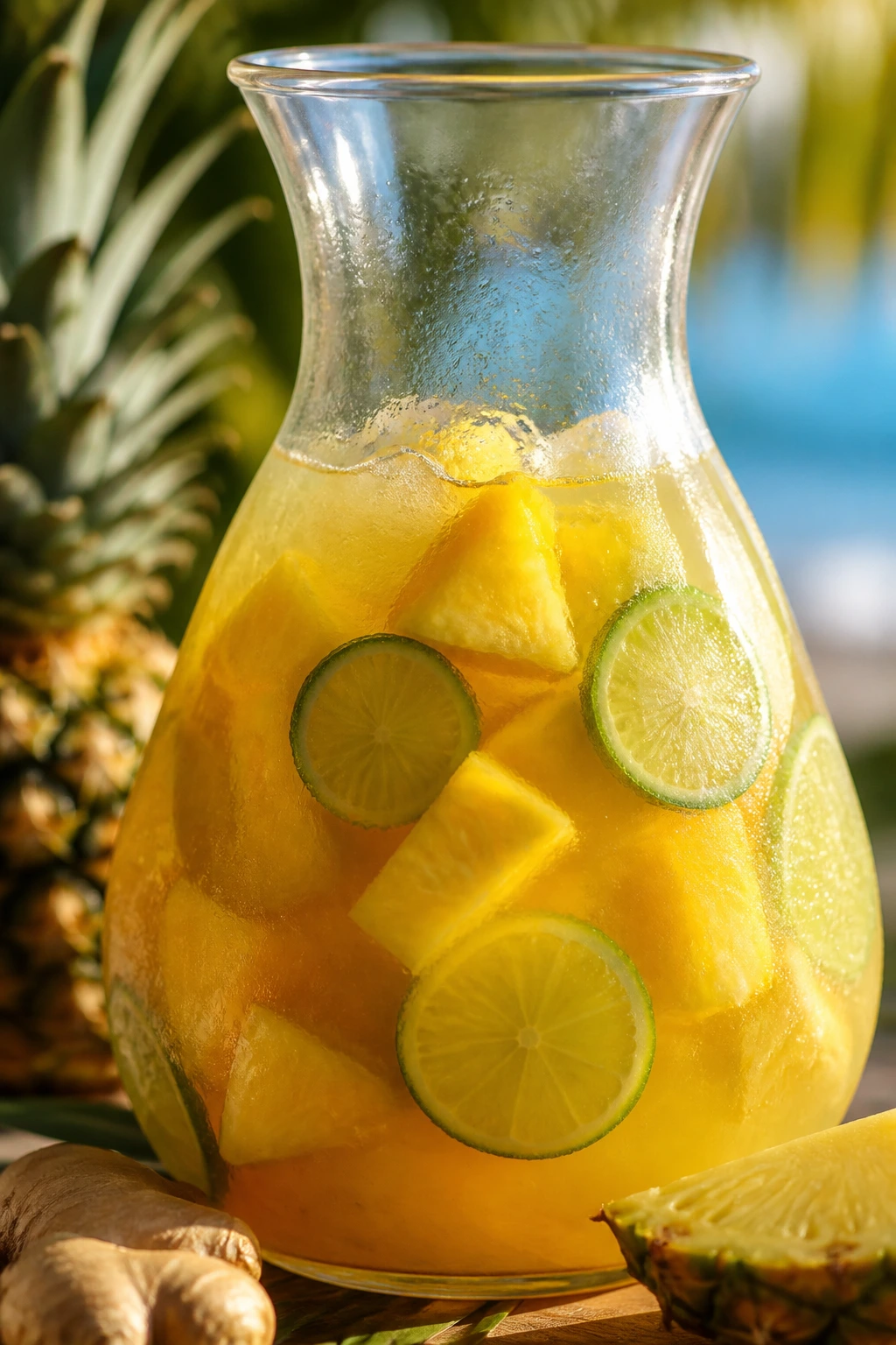Close-up of pineapple ginger rum punch in a glass carafe outdoors