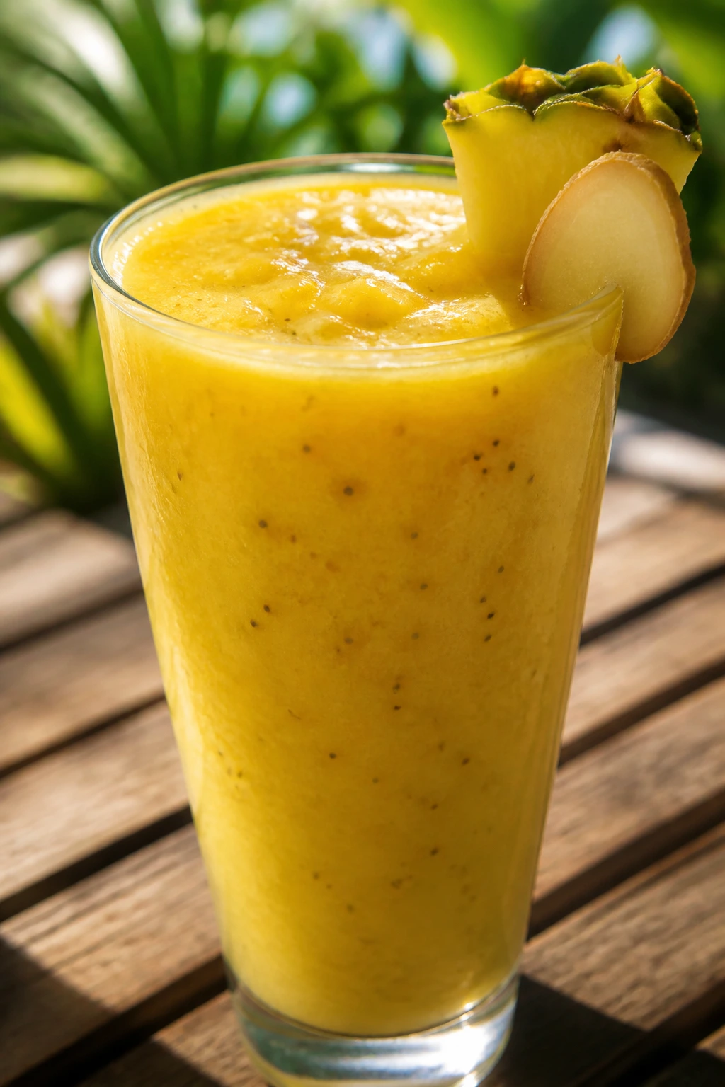 Close-up of Pineapple Ginger Spark Smoothie in a tall glass on an outdoor table