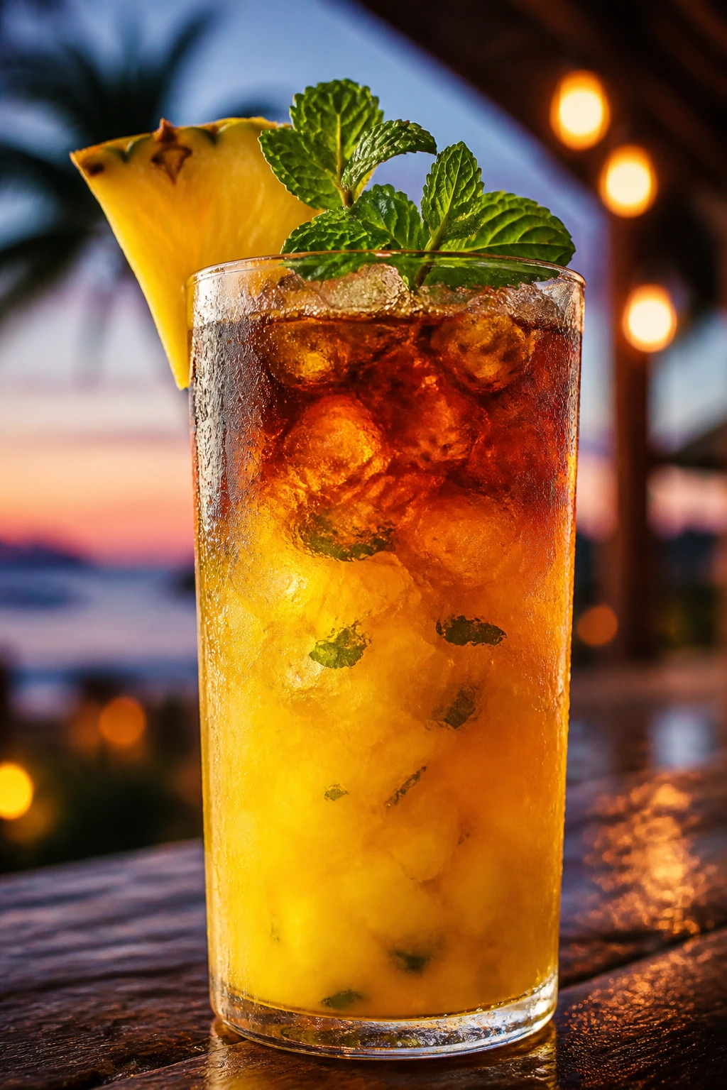 Close-up of Pineapple Ginger Dark ’n Stormy in a highball glass at twilight