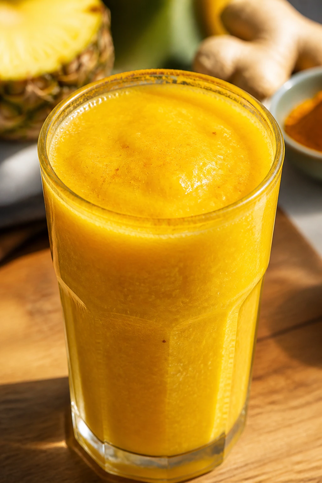 Close-up of Pineapple Ginger Turmeric Smoothie in a clear glass