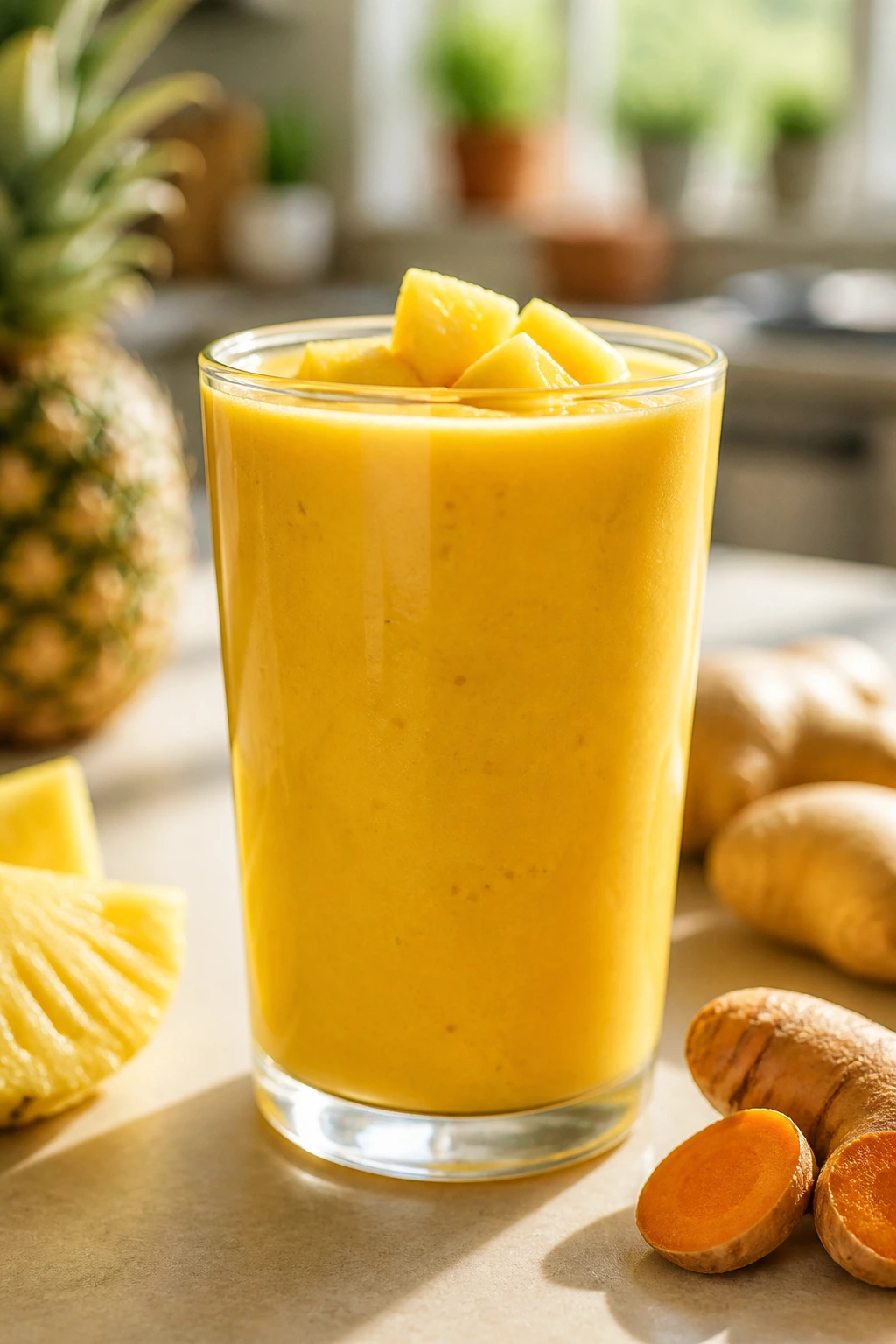 Close-up of Pineapple Ginger Turmeric Smoothie in a glass