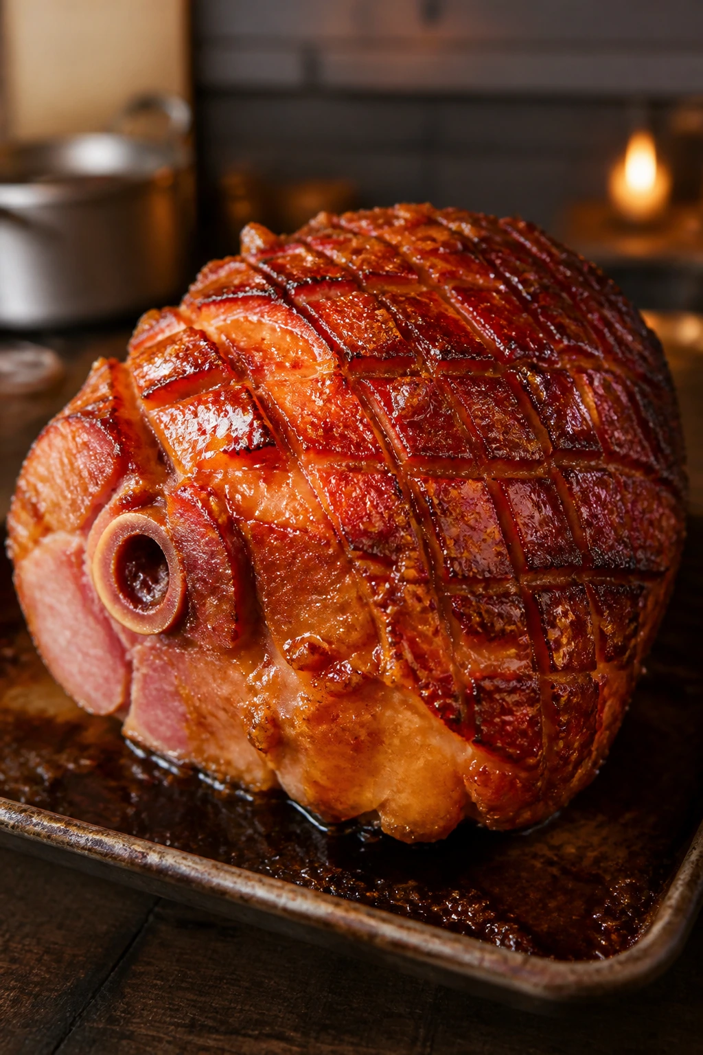 Fully cooked bone-in ham with smoky pineapple glaze on a baking sheet