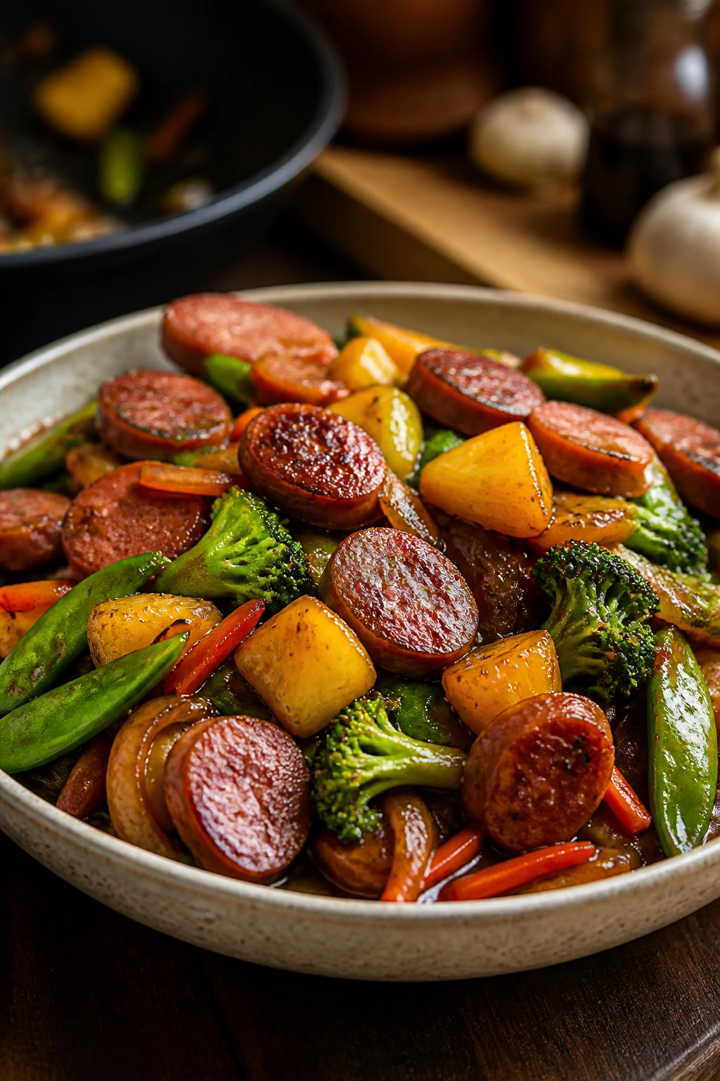 Stir fry with pineapple chunks and vibrant vegetables in glaze