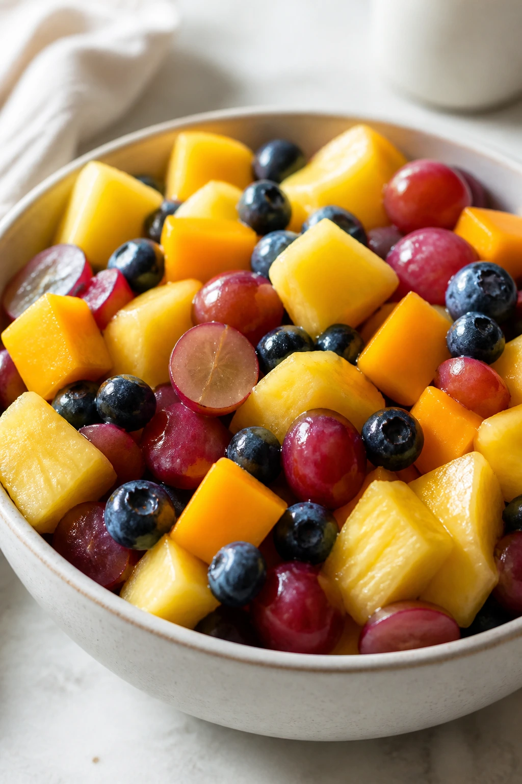 Close-up of crisp mixed fruit bowl with pineapple, halved grapes, mango and blueberries.