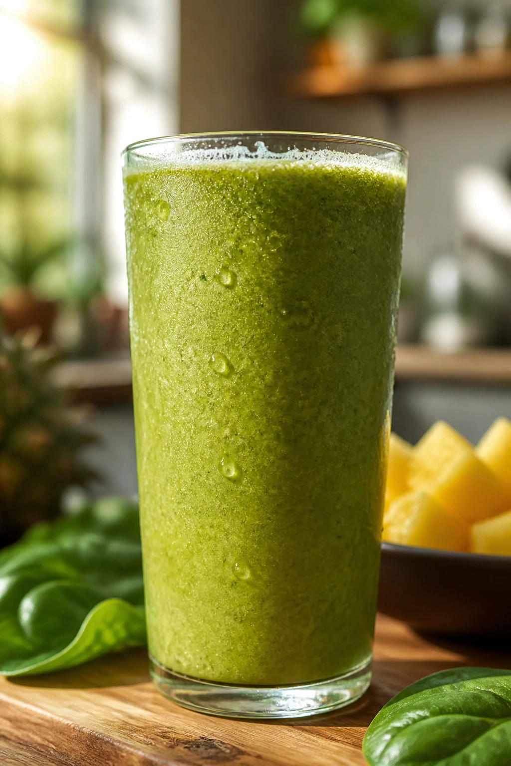 Close-up of Pineapple Green Glow smoothie in a glass on a wooden counter