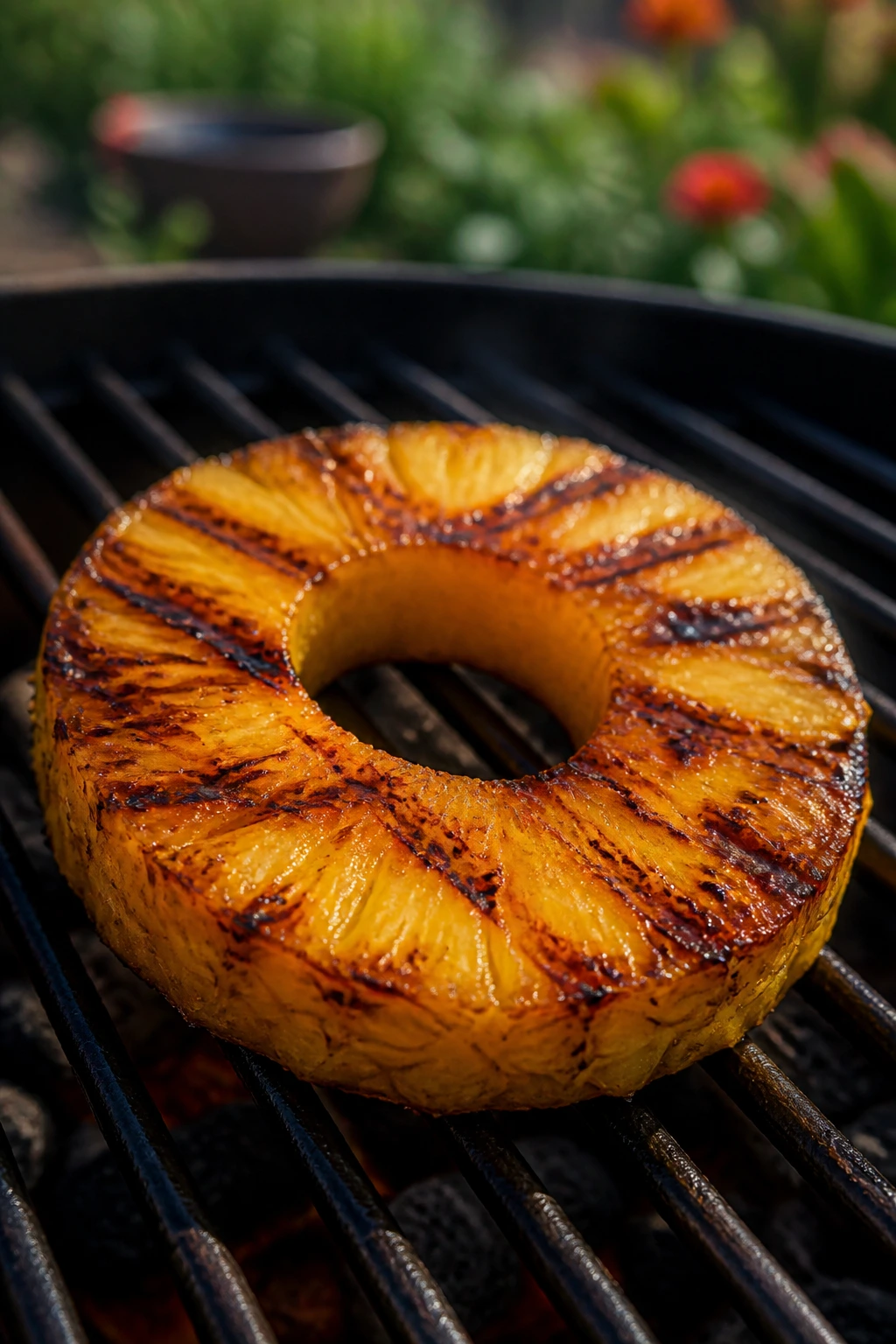Close-up of a pineapple ring with char on a grill