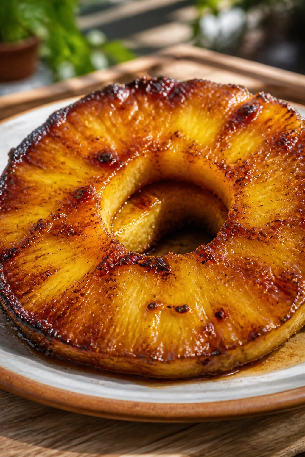 Grilled pineapple with cinnamon-rum glaze on a serving board