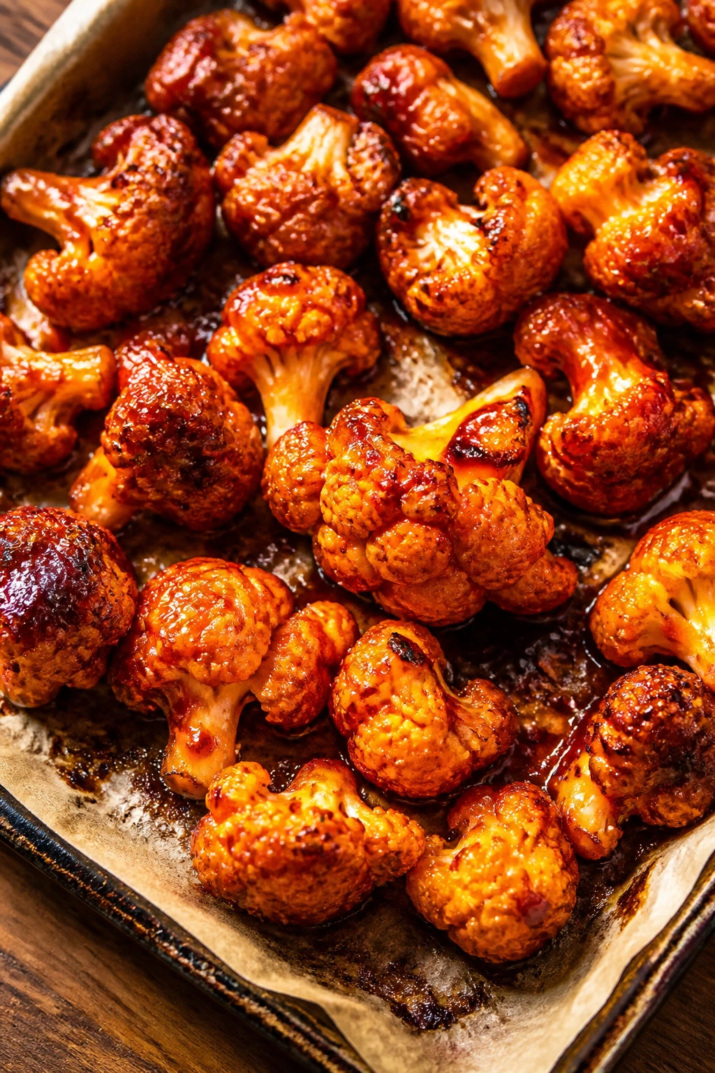 Close-up of pineapple habanero glazed cauliflower wings on parchment