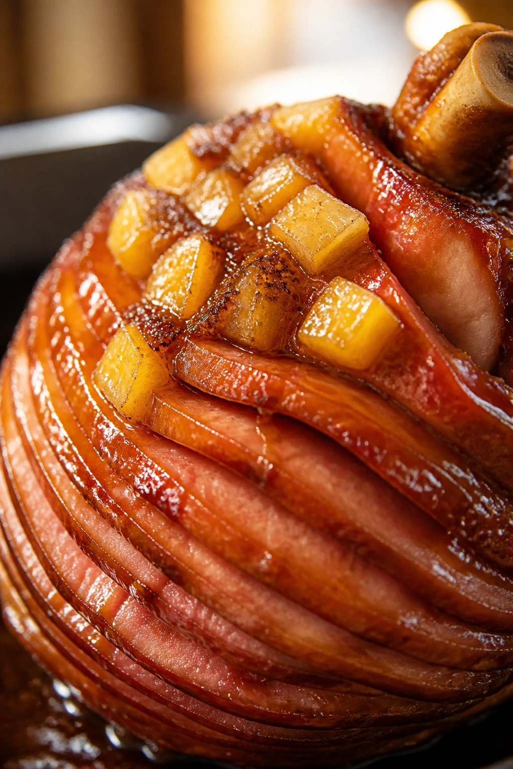 Pineapple-brushed ham with glossy glaze surface