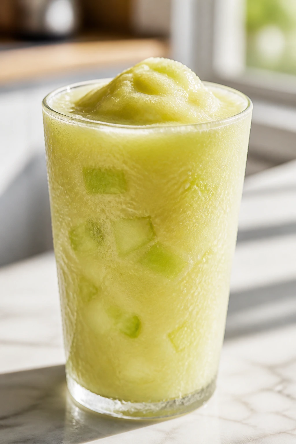 Pineapple honeydew smoothie in a chilled glass with pale green-gold color