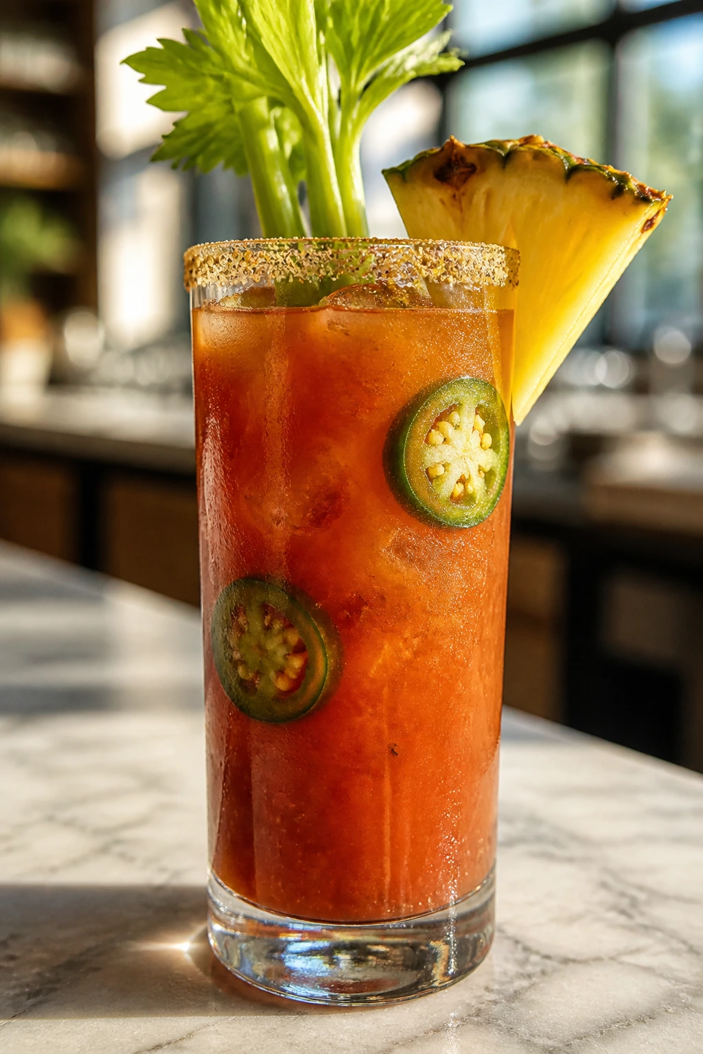 Pineapple Jalapeño Bloody Mary with celery salt rim and garnish on a bright cafe counter
