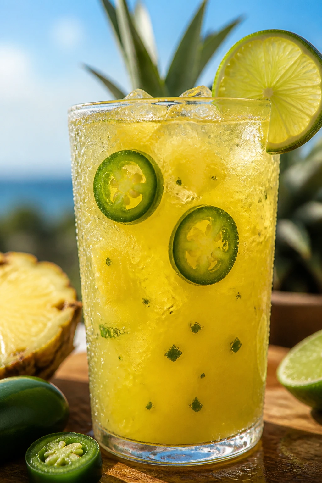 Pineapple jalapeño limeade in a glass with jalapeño slices and lime on a sunny patio