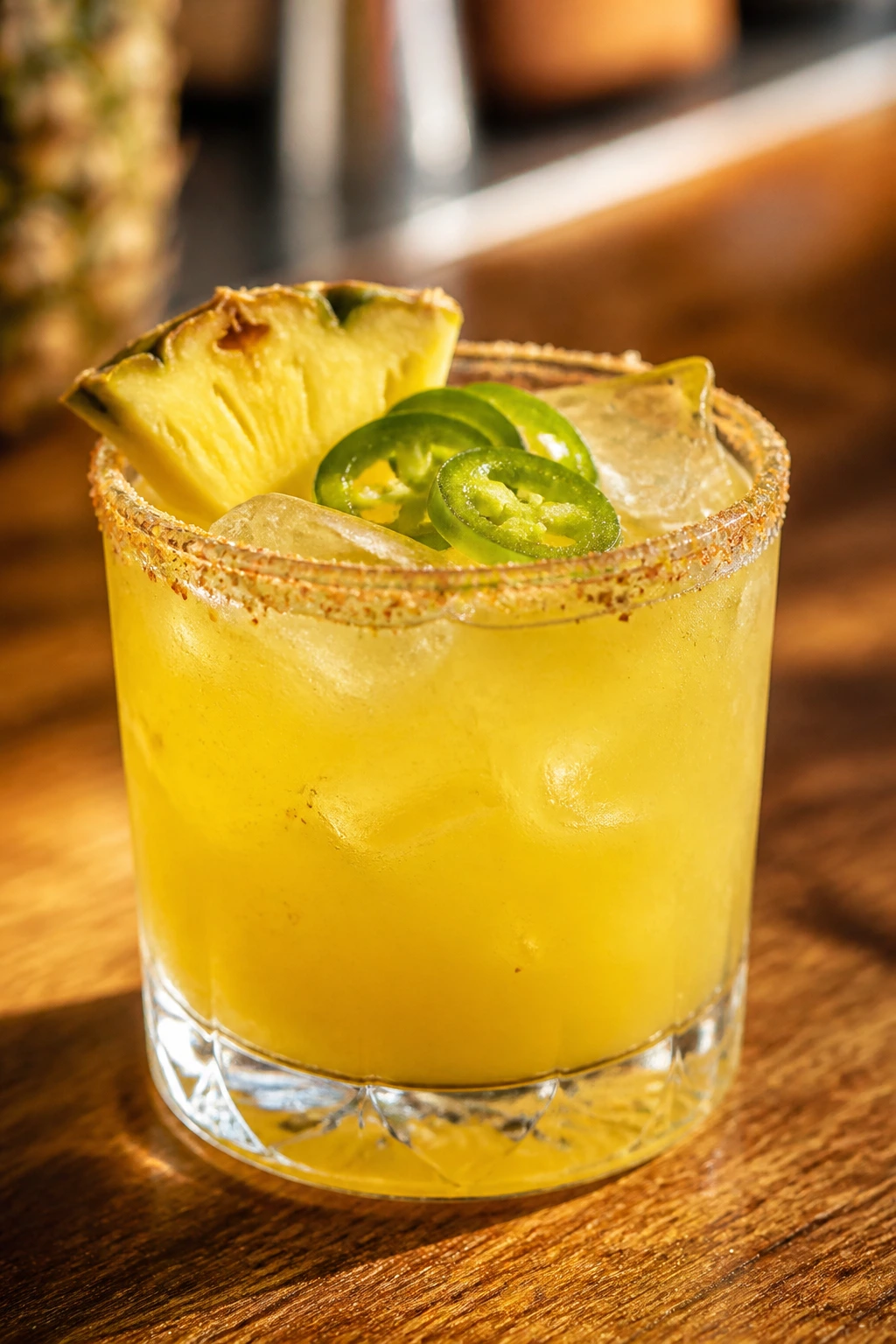 Close-up of Pineapple Jalapeño Margarita in a salted rim glass