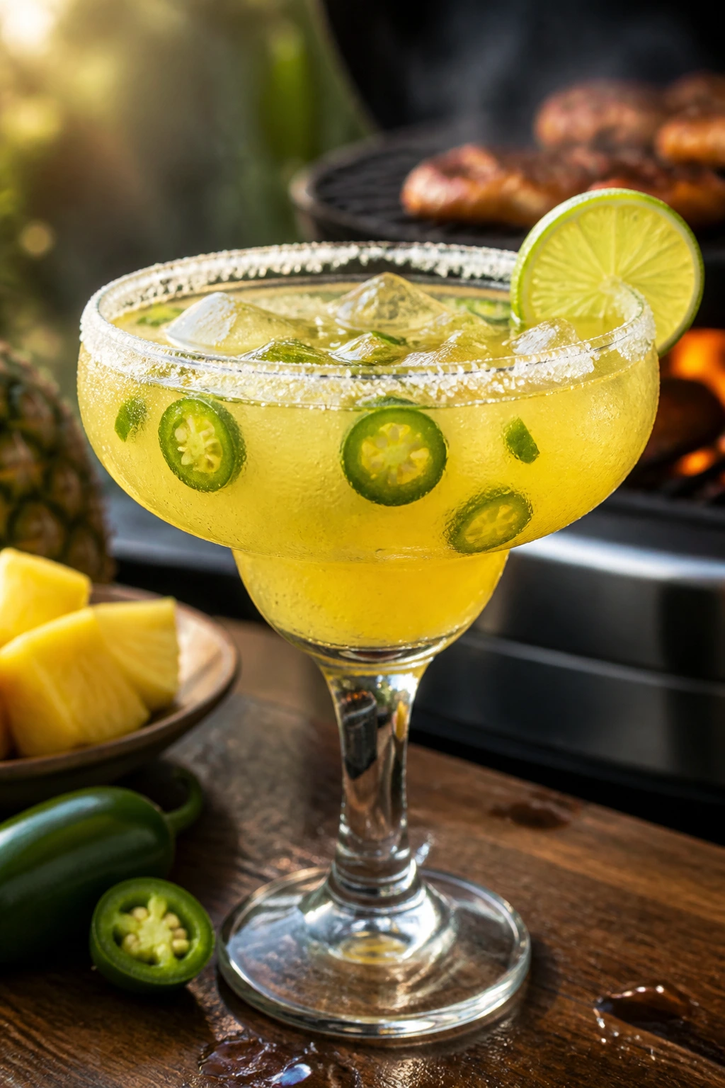 Margarita glass with pineapple margarita, jalapeños, and salted rim on a grill-side patio
