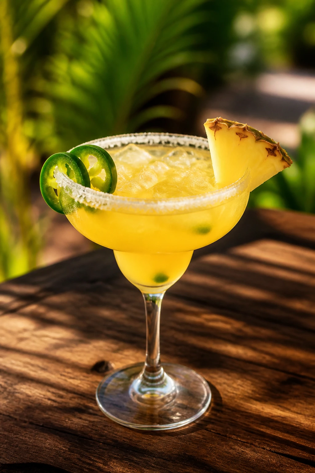 Close-up of Pineapple Jalapeño Margarita with jalapeño garnish on a sunny patio