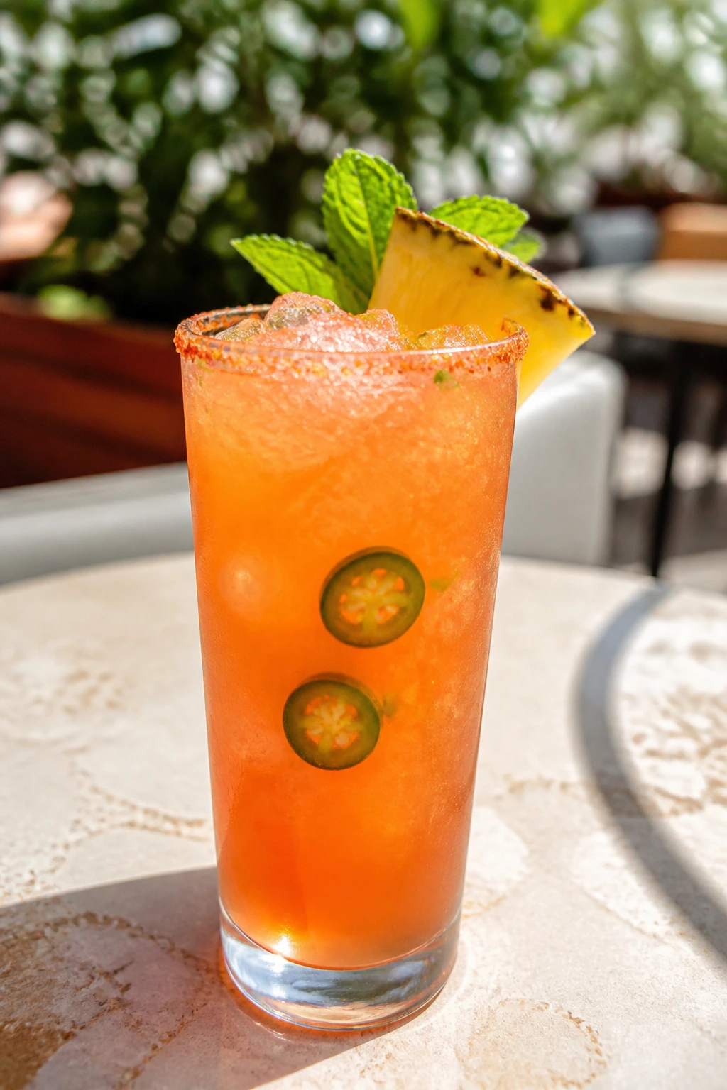 Pineapple Jalapeño Paloma in tall glass with jalapeño slices