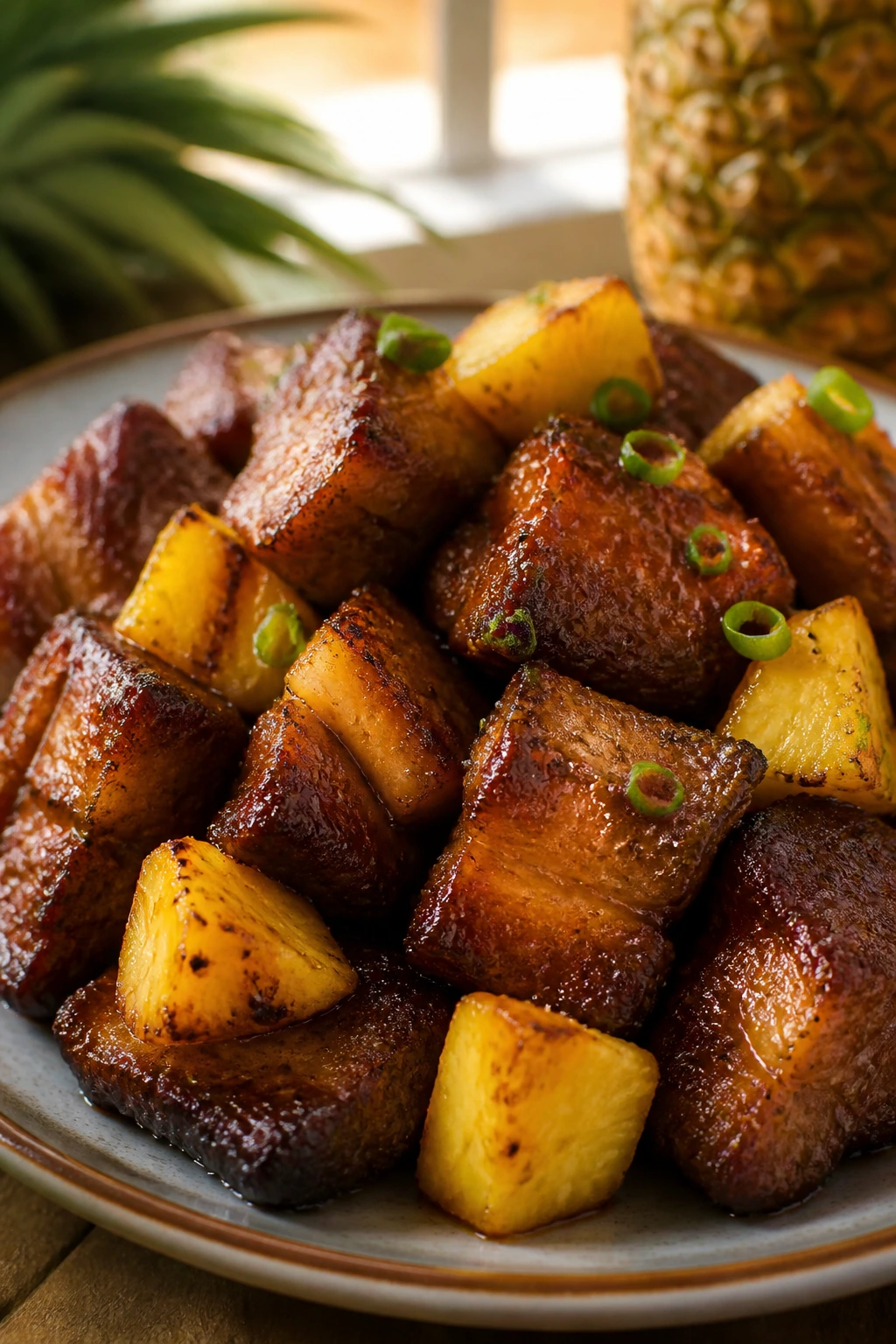 Pork belly with pineapple chunks on a plate