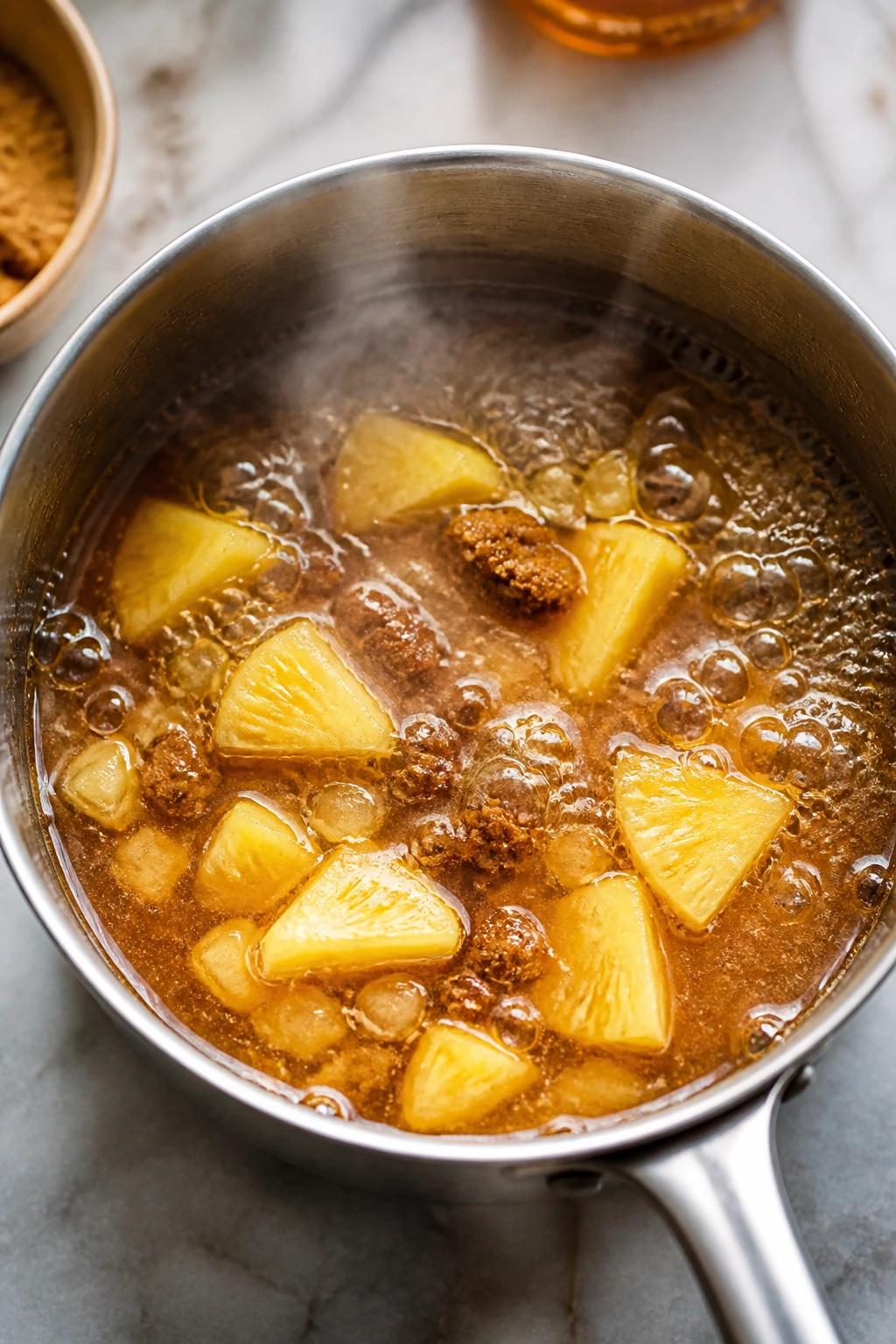 Simmering glaze in a saucepan with amber color and steam