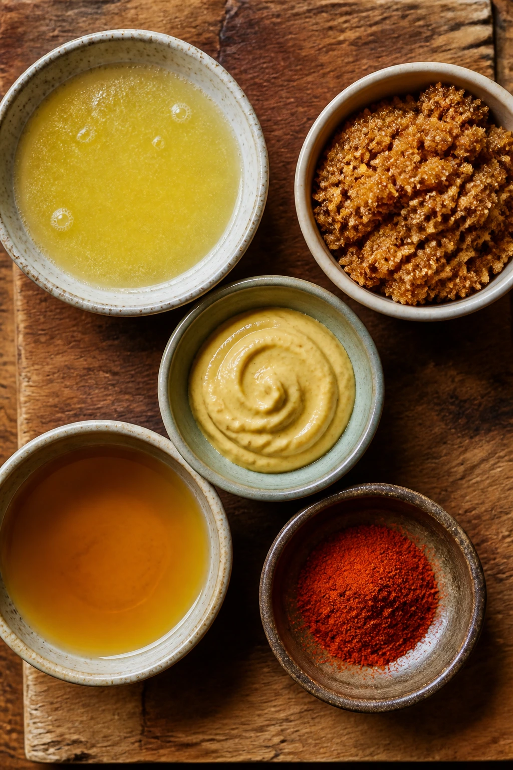 Top-down view of key glaze ingredients in bowls