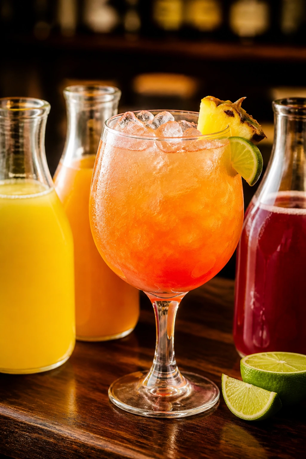 Cocktail with unlabeled juice bottles and lime on a wooden bar