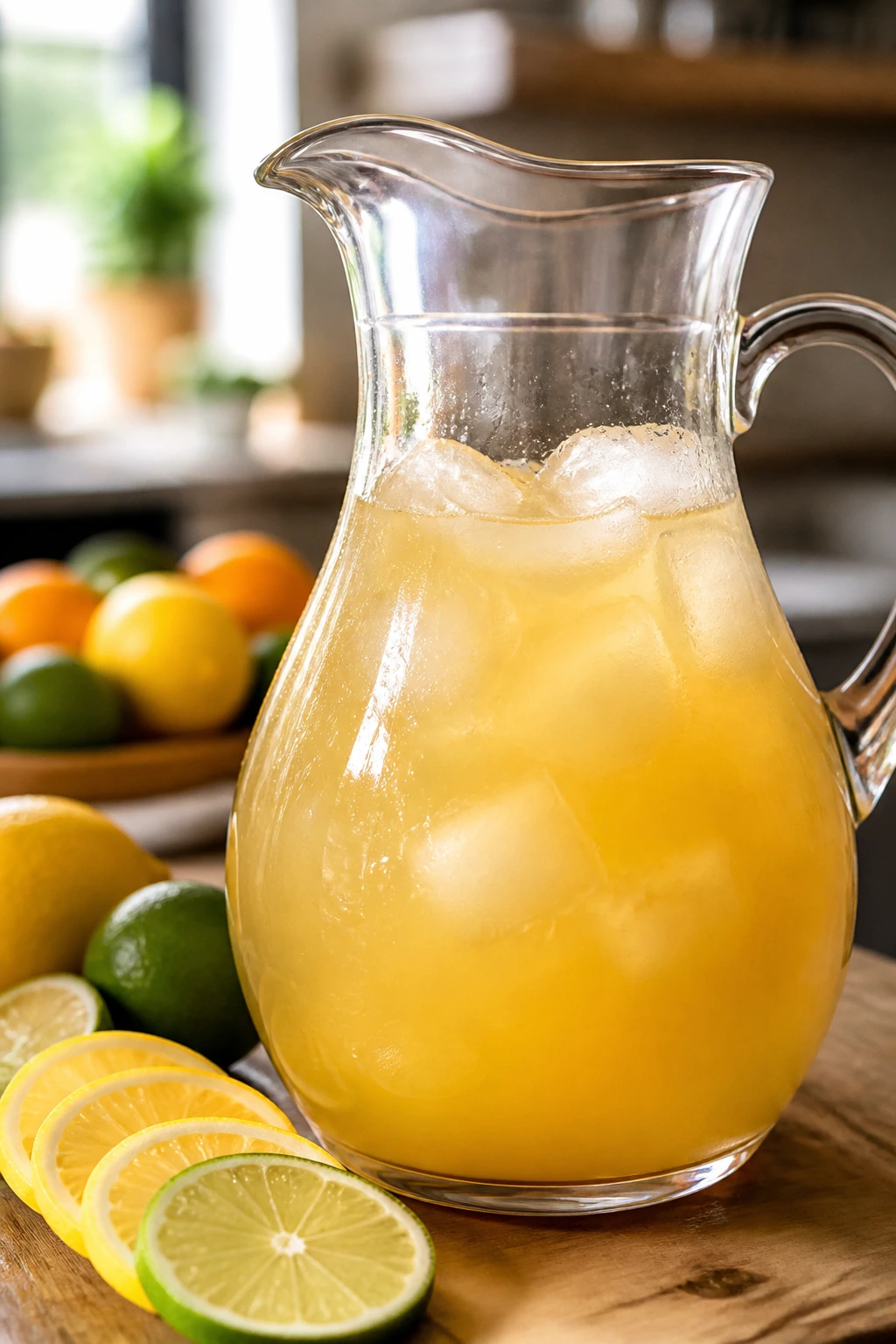 Pitcher with ice-cold juice base pineapple orange grape