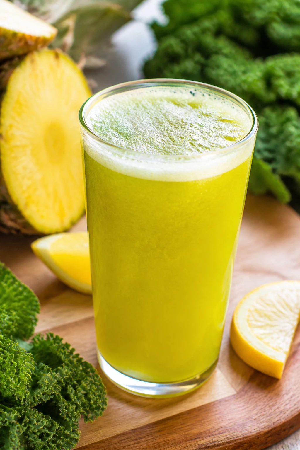 Bright pineapple kale lemon juice in a glass on a wooden board