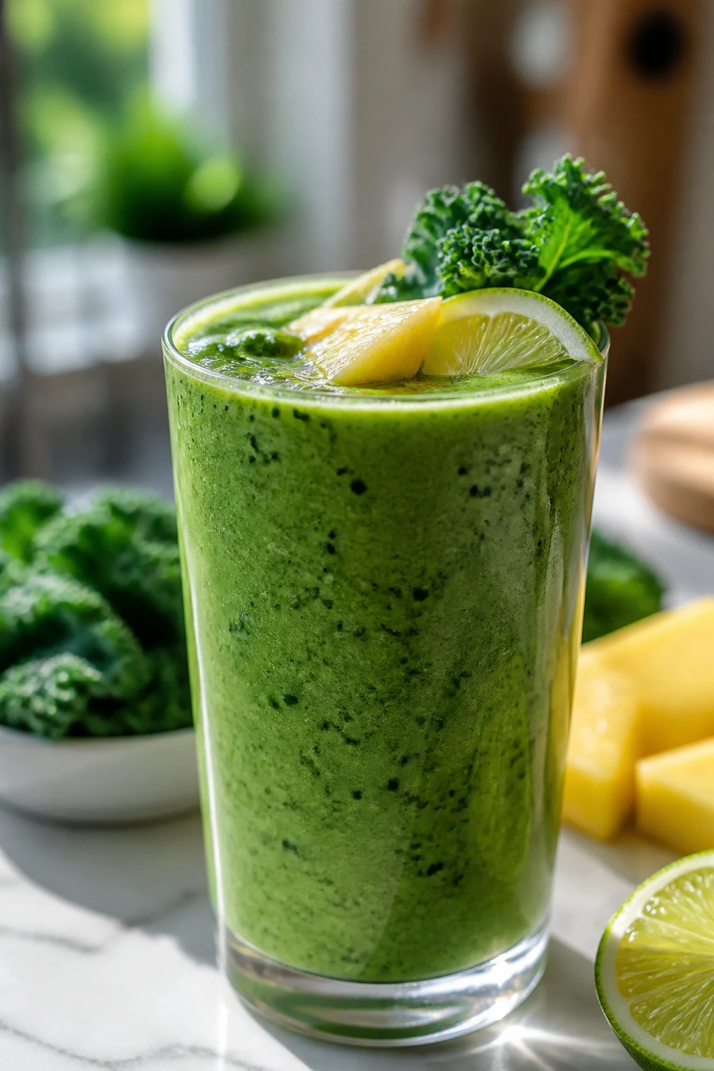 Close-up of Pineapple Kale Lime Smoothie in a glass on a sunny kitchen island
