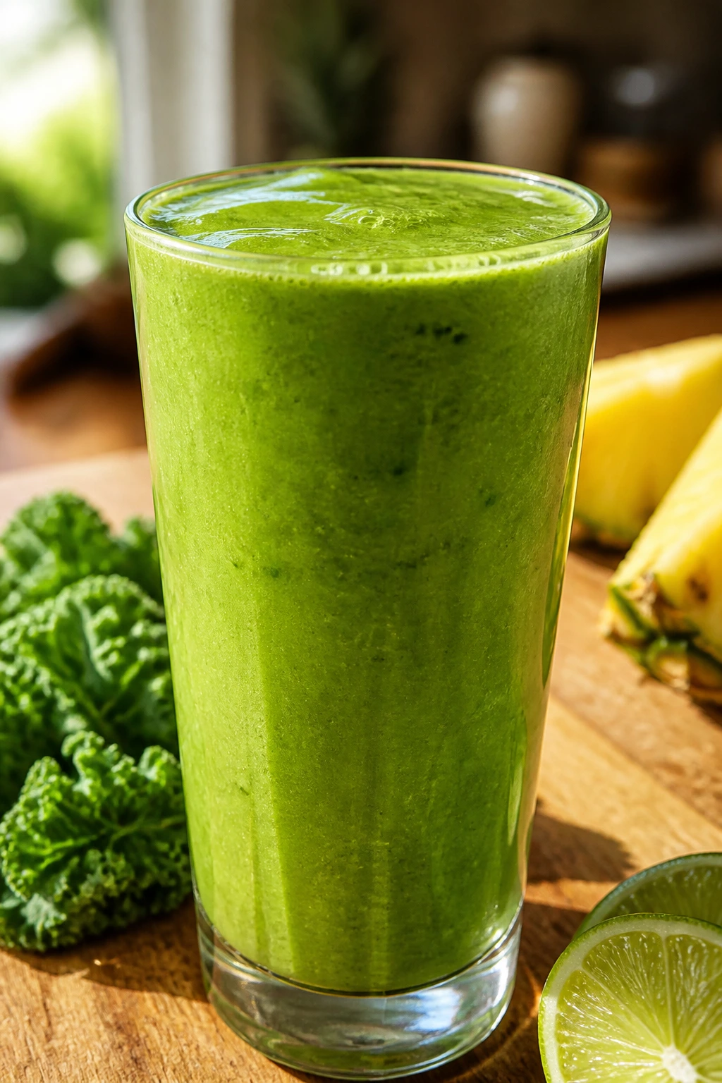 Close-up of Pineapple Kale Lime Smoothie in a glass on a sunlit kitchen counter