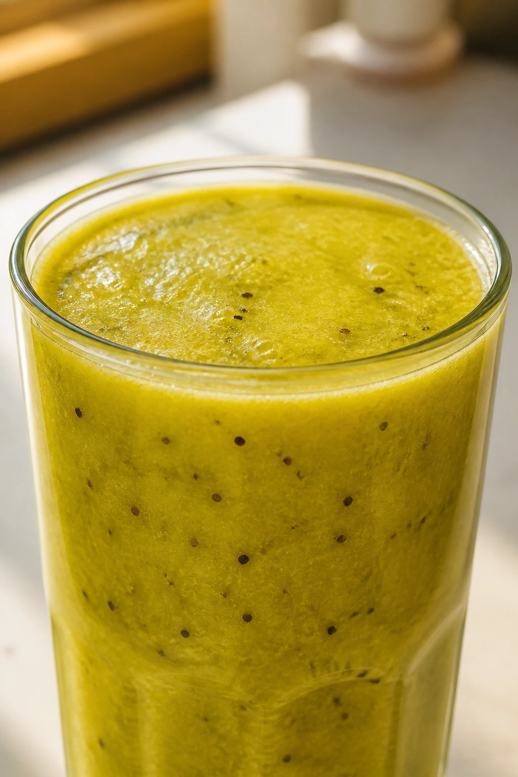 Close-up of a Pineapple Kiwi Spark smoothie in a glass on a kitchen counter