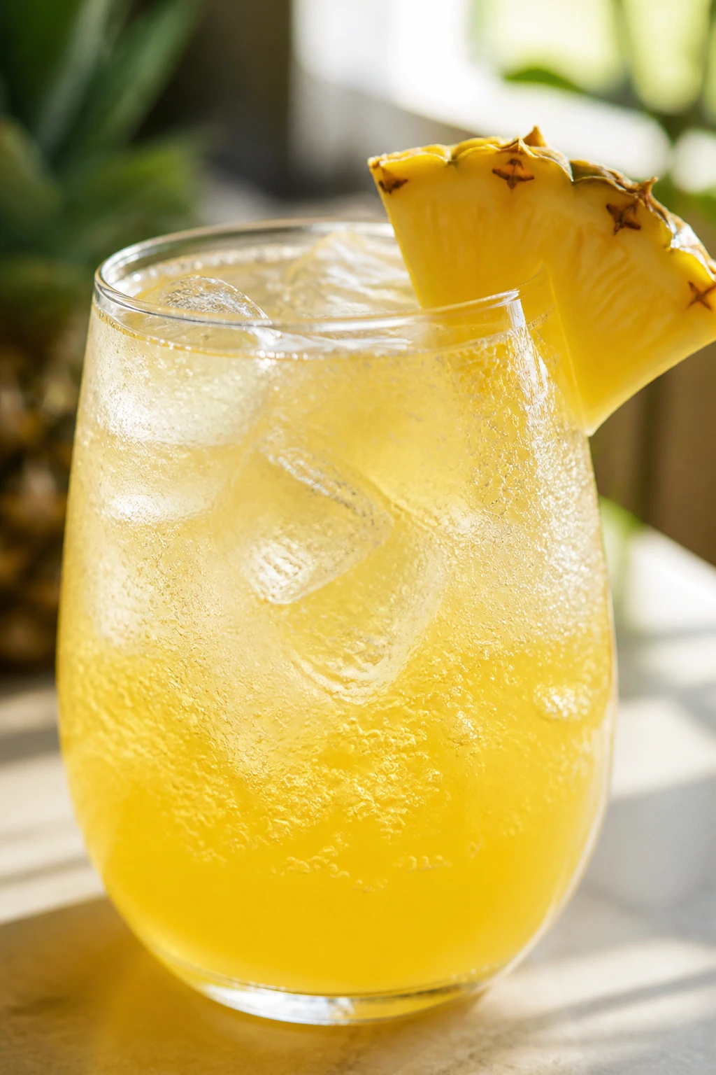Pineapple Lemon Spritz in a glass with pineapple slice garnish.