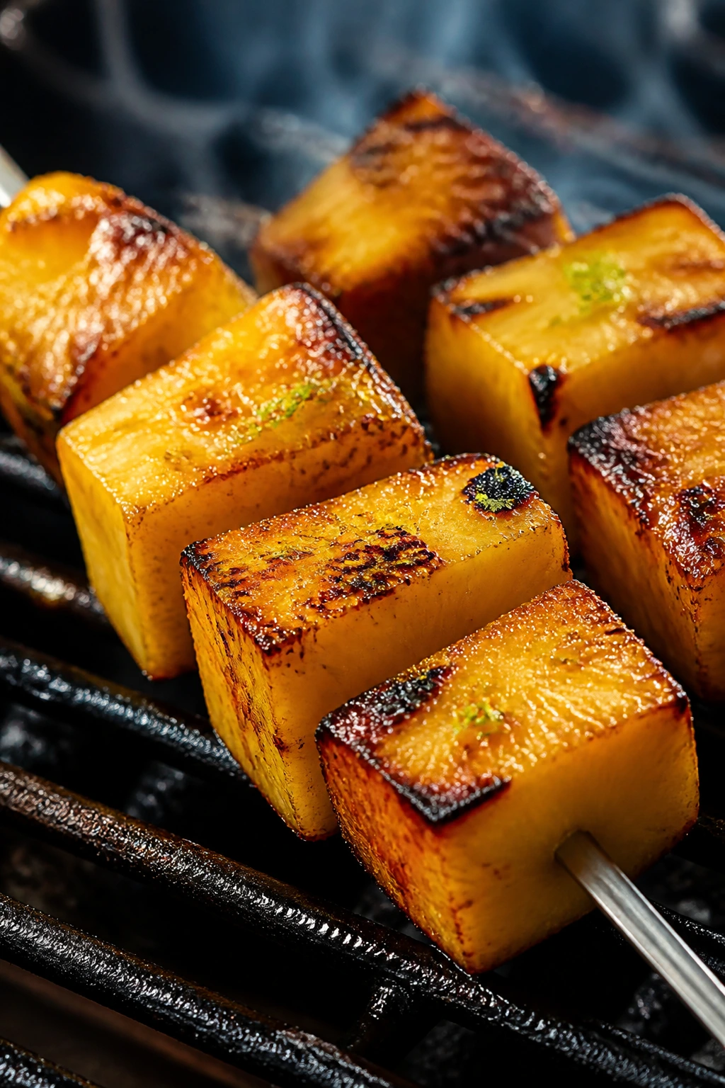 Close-up of a pineapple-lime brown sugar skewered fruit on a grill