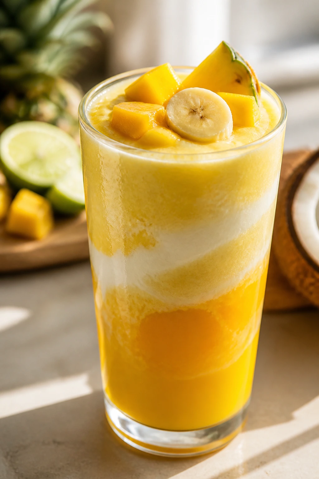 Creamy smoothie showing pineapple, mango, banana, and coconut notes in gradient